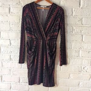 BCBGeneration Black Multi Draped Faux Wrap Dress Pockets Long Sleeve